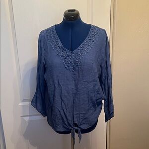 I.N. Studio Navy V-Neck Blouse with Lace